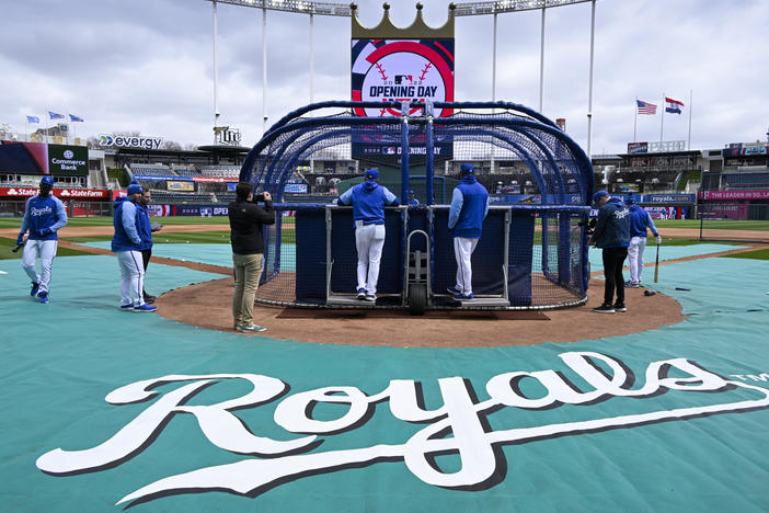 The Kansas City Royals take batting practice before their opening day game against the Cleveland Guardians on Thursday in Kansas City, Mo.