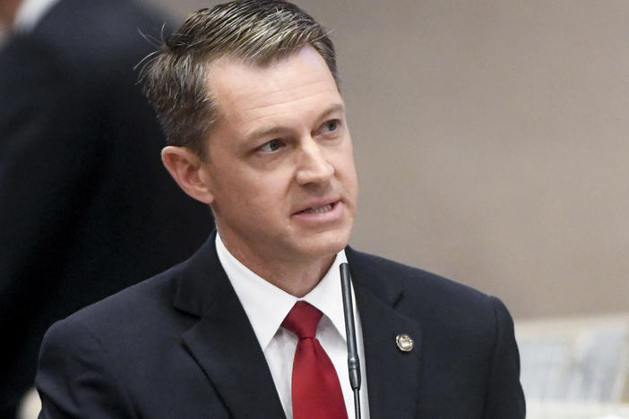 Rep. Wes Allen, sponsor of the House version of the bill, speaks during debate at the Alabama Statehouse in Montgomery on Thursday.