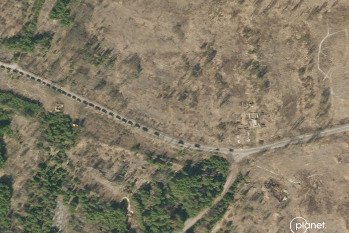 A satellite image from the company Planet shows Russian vehicles and an encampment in the Chernobyl exclusion zone on March 16, 2022.