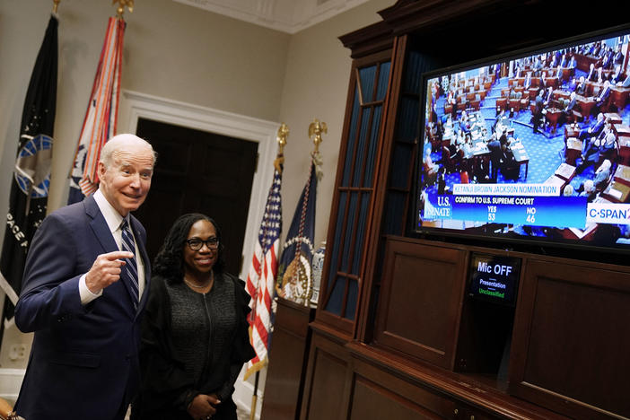 President Joe Biden and Judge Ketanji Brown Jackson watch the Senate vote on Judge Brown's nomination to the Supreme Court in the Roosevelt Room of the White HouseÂ on Thursday.