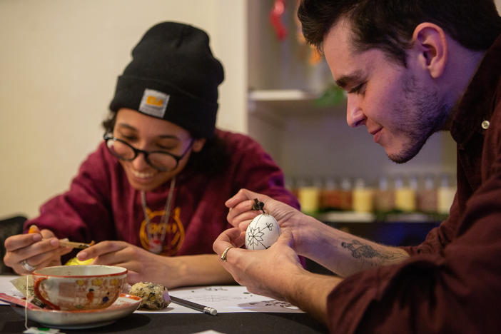 Workshop participants learn to create <em>pysanky</em>, or Ukrainian-style decorated eggs, at a workshop in Troy, N.Y. on Mar. 21.