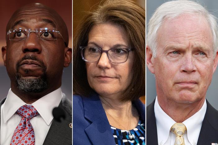 (L-R) Sen. Raphael Warnock (D-Ga.), Sen. Catherine Cortez Masto (D-Nev.), Sen. Ron Johnson (R-Wis.)