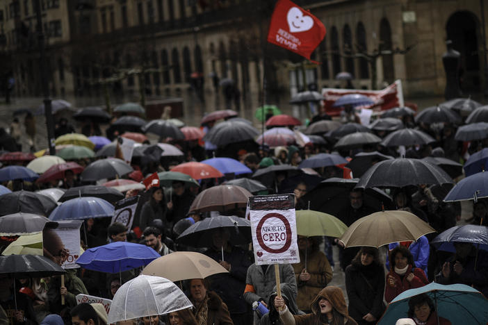 A teenager from the Right to Live Platform (bottom) holds a banner which reads: ''Abortion Zero'' as she takes part in a demonstration in Pamplona, Spain, on March 23, 2014. Spain is awaiting the publication in coming days of a new law banning the intimidation or harassment of women entering abortion clinics.