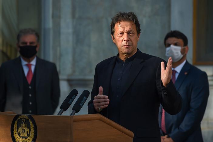 Pakistan's Prime Minister Imran Khan speaks during a joint news conference with Afghan president at the Presidential Palace in Kabul in 2020.
