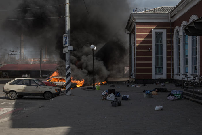 A view of the scene after a missile strike on a railway station on Friday in Kramatorsk, eastern Ukraine. At least 50 people were killed, according to Ukrainian officials who accused Russia of attacking a key evacuation hub.