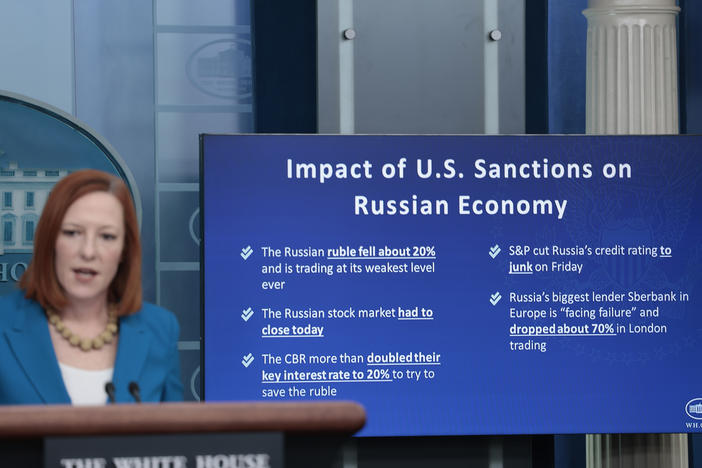 White House Press Secretary Jen Psaki explained the impacts of U.S. sanctions against Russia in Washington, D.C., in February. The latest round of sanctions targeted Russian a warship manufacturing corporation and Russia's largest diamond mining company.