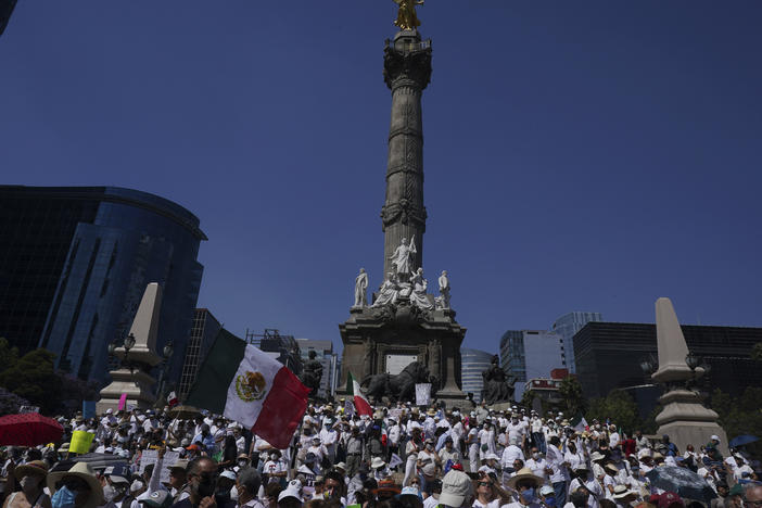 Opposition members gather at the Angel of Independence monument, encouraging citizens not to vote in the upcoming presidential recall referendum, as a protest against Mexico's President Andres Manuel Lopez Obrador, in Mexico City, Sunday, April 3, 2022.