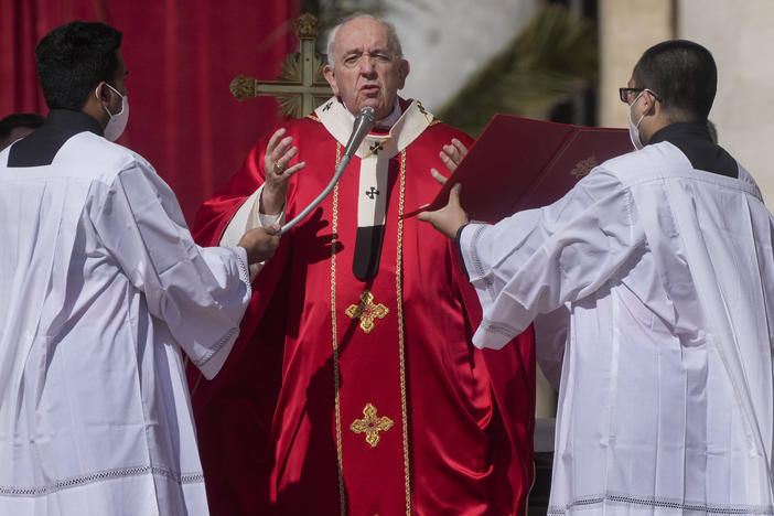Pope Francis celebrates Palm Sunday Mass in St. Peter's Square at the Vatican.