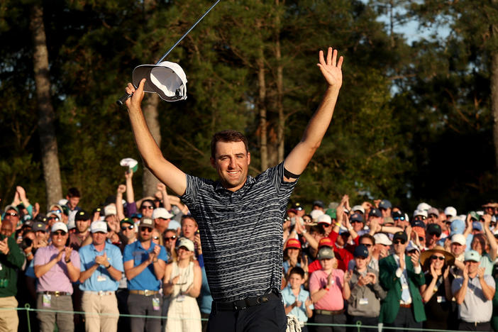 Scottie Scheffler celebrates winning the Masters at Augusta National Golf Club on Sunday in Augusta, Georgia.