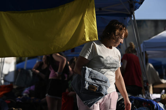 A makeshift shelter for Ukrainians in Tijuana, Mexico. Thousands who fled the war have been arriving here and waiting to be admitted by border agents into the United States.