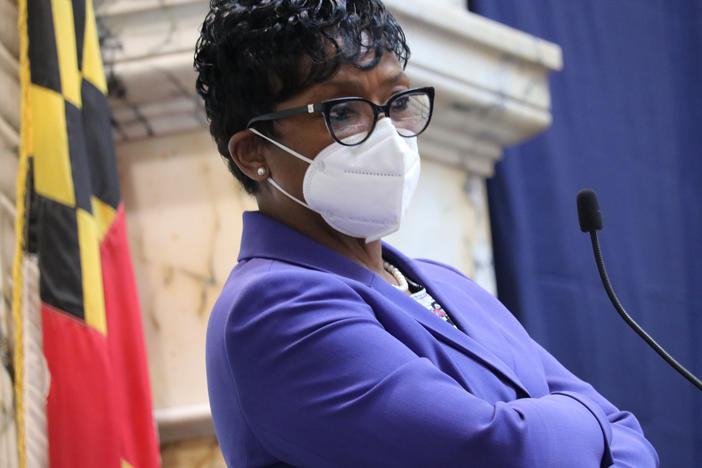 Maryland House Speaker Adrienne Jones, a Democrat, listens to debate on April 9, 2022, before lawmakers voted to override Republican Gov. Larry Hogan's veto of a measure to expand abortion access in the state.