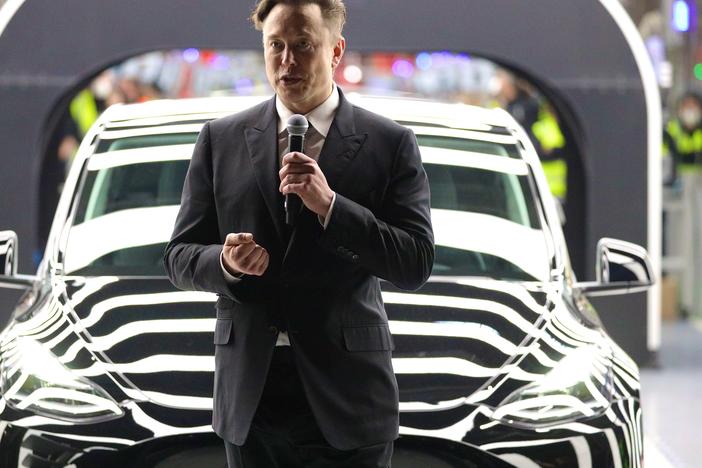 Tesla CEO Elon Musk speaks during the official opening of the new Tesla electric car manufacturing plant on March 22, 2022 near Gruenheide, Germany.