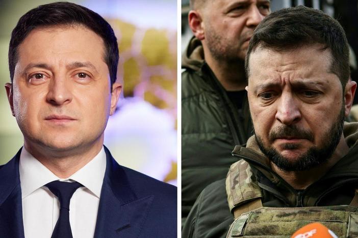 Left: Ukrainian President Volodymyr Zelenskyy on Feb. 22. Right: Zelenskyy on April 4.