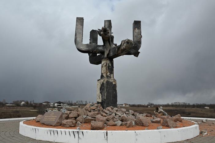 A menorah memorial at the entrance of the Drobitsky Yar Holocaust memorial outside Kharkiv, Ukraine, was damaged in Russian shelling last month.