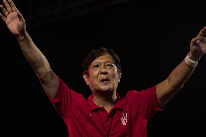 Ferdinand "Bongbong" Marcos Jr., the son of the late dictator Ferdinand Marcos, speaks during a rally as he campaigns for the presidency in February in Manila.