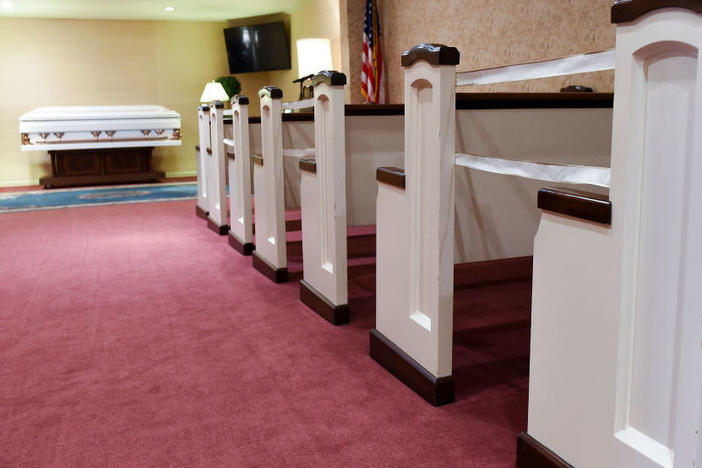 Pews were marked off to encourage social distancing at a funeral home in Temple, Penn., in March of 2021, around the time the Delta variant began to take hold in the United States.