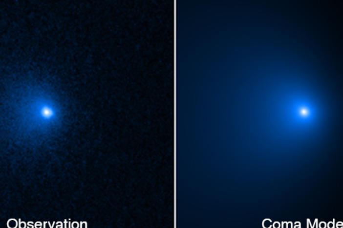 These images show how comet C/2014 UN271's nucleus was isolated from a shell of dust and gas (a coma) surrounding the solid nucleus. At left is a photo of the comet taken by the Hubble telescope on Jan. 8. A model of the coma (middle) was obtained by fitting the surface brightness profile assembled from the left image. This permitted the coma to be subtracted, revealing the nucleus's pointy glow.