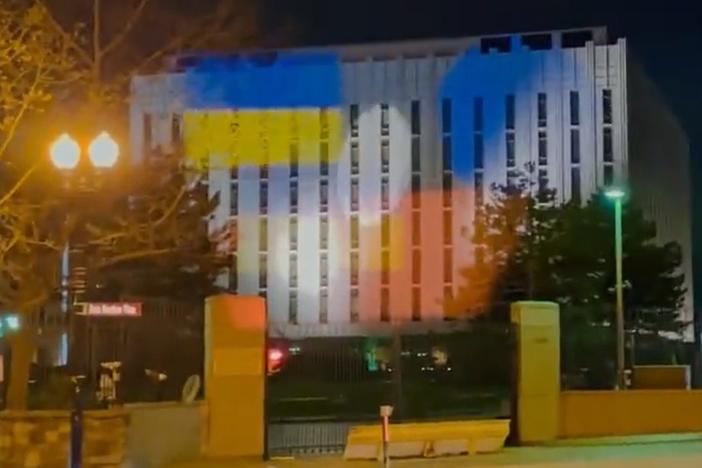 Benjamin Wittes and a group of demonstrators in Washington, D.C., teamed up to project two large Ukrainian flags against the Russian Embassy for nearly four hours Wednesday night.