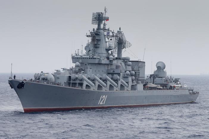 FILE - In this photo provided by the Russian Defense Ministry Press Service, Russian missile cruiser Moskva is on patrol in the Mediterranean Sea near the Syrian coast on Dec. 17, 2015.