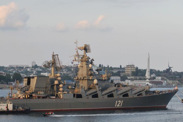 The Moskva guided-missile cruiser participates in a Russian military parade near a navy base in the Ukrainian town of Sevastopol in July 2011. Experts say the recent loss of the Moskva — the flagship of Russia's Black Sea Fleet — is significant both symbolically and militarily, even if it doesn't deal a decisive blow to Russia's overall operations in Ukraine.