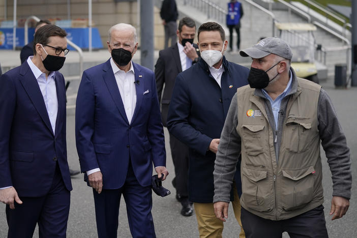 Celebrity chef José Andrés (right) is the founder of World Central Kitchen, a nonprofit organization that serves meals to people affected by humanitarian crises. Here, President Biden (second from left) arrives to meet with Ukrainian refugees and humanitarian aid workers during a visit to Warsaw, Poland, on March 26.