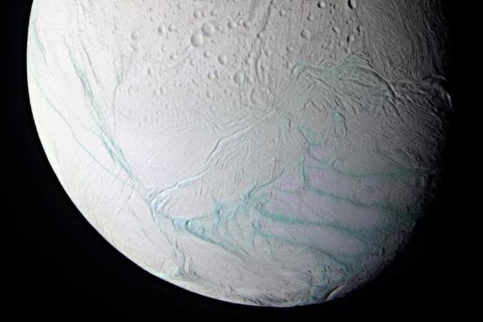 A probe that will land on Saturn's moon Enceladus, seen here in false color, is one of the priorities outlined in the new report.