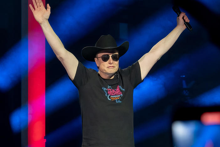 Tesla CEO Elon Musk speaks at the Tesla Giga Texas manufacturing "Cyber Rodeo" grand opening party in Austin, Texas, on April 7, 2022.