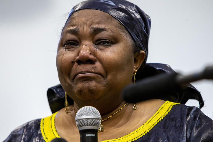 Patrick Lyoya's mother Dorcas Lyoya sheds tears during a news conference at the Renaissance Church of God in Christ Family Life Center in Grand Rapids, Mich., on Thursday.