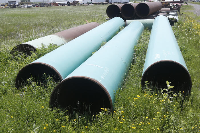 Pipeline used to carry crude oil is shown at the Superior, Wis., terminal of Enbridge Energy, on June 29, 2018. The Biden administration is restoring federal regulations guiding environmental reviews of major infrastructure projects.