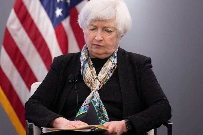 Treasury Secretary Janet Yellen pauses while speaking at the Atlantic Council in Washington, D.C., on April 13. Yellen and other finance ministers walked out of a G20 session on Wednesday as Russian officials were speaking.