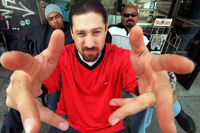 From left: Bobo, B Real and Sen Dog of Cypress Hill, photographed outside the Galaxy Gallery on Melrose in LA in 1990.