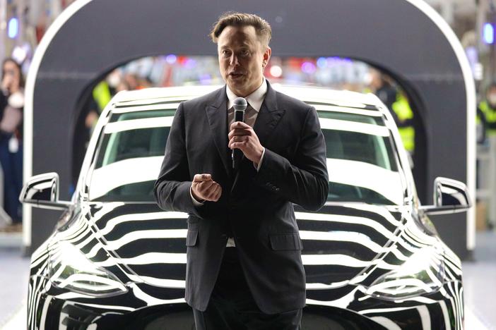 Tesla CEO Elon Musk speaks during the official opening of the new Tesla electric car manufacturing plant on March 22, 2022 near Gruenheide, Germany.