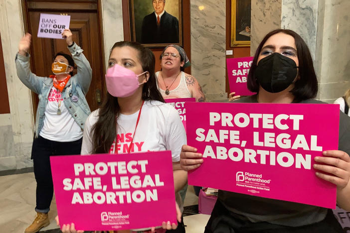 Abortion-rights supporters chant their objections at the Kentucky Capitol on April 13, 2022 in Frankfort, Ky., as Kentucky lawmakers debate overriding the governor's veto of an abortion measure.