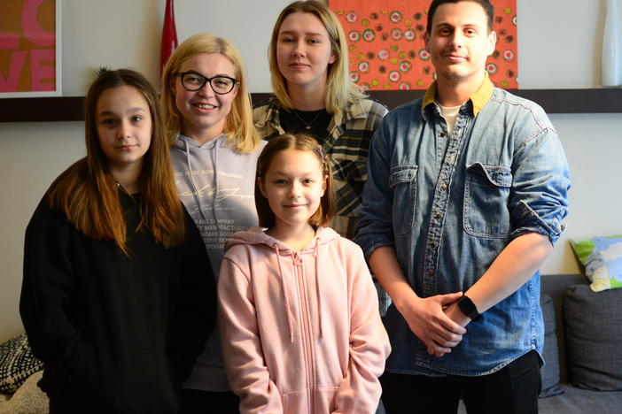 Joseph Feny is living in a one-bedroom apartment with friends Anet Pchelnikova and Natasha Madichanska, and Madichanska's twin daughters Yulia (left) and Alesandra, 10. They all fled Kyiv for Bulgaria earlier this month.