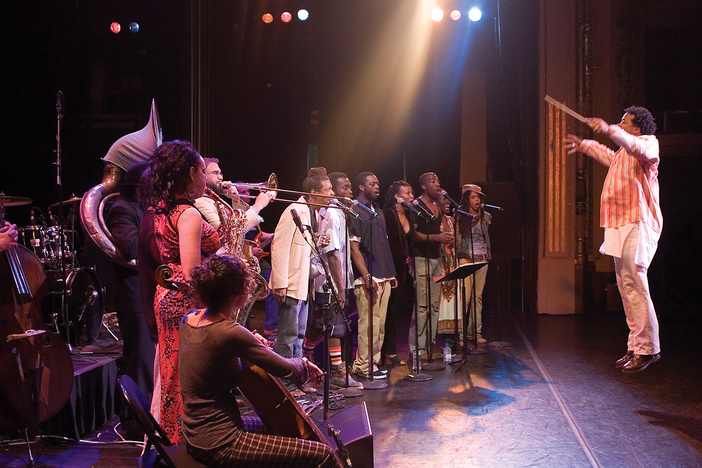 Greg Tate (right) levitates while conducting Burnt Sugar The Arkestra Chamber.