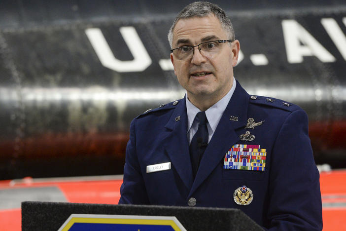 U.S. Air Force Maj. Gen. William T. Cooley speaks during a press conference inside the National Museum of the United States Air Force on Wright-Patterson Air Force Base in 2019.