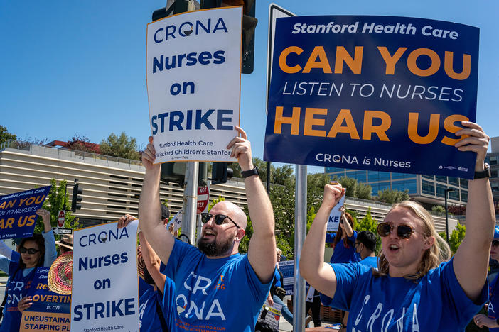 Health care workers during a strike in Palo Alto, Calif., on Monday. About 5,000 nurses at Stanford and Packard Children's Hospital began a strike Monday over a fight for what they describe as fair contracts.