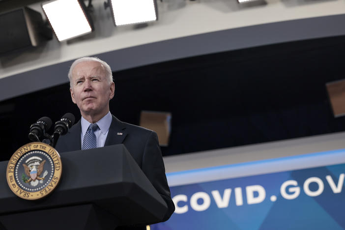 President Biden is seen delivering remarks on COVID-19 on March 30. On Tuesday, the White House will announce a new push to get more doses of the COVID antiviral medication Paxlovid to more Americans.