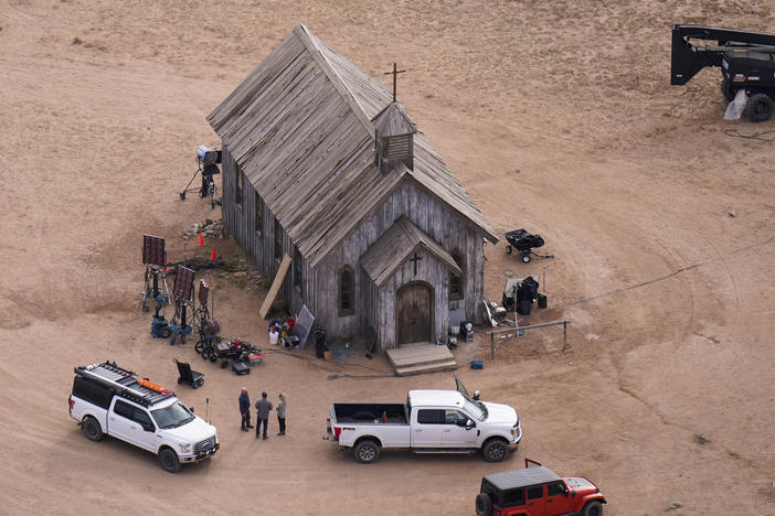 This aerial photo shows the Bonanza Creek Ranch in Santa Fe, N.M., on Oct. 23, 2021, where a cinematographer was fatally shot two days earlier by actor and producer Alec Baldwin on the set of the film <em>Rust.</em>