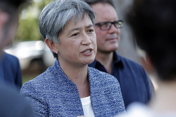 Australian shadow foreign affairs minister Penny Wong speaks to media in Darwin, Australia, Tuesday, April 26, 2022. Australia's opposition party promises to establish a Pacific defense school to train neighboring armies in response to China's potential military presence on the Solomon Islands.