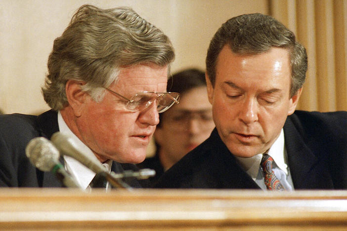 Democratic Sen. Ted Kennedy ( left) and Republican Sen. Orrin Hatch teamed up on a series of landmark legislative health care achievements, such as the Ryan White program on AIDS treatment, the Americans with Disabilities Act, and the first major federal child care law.