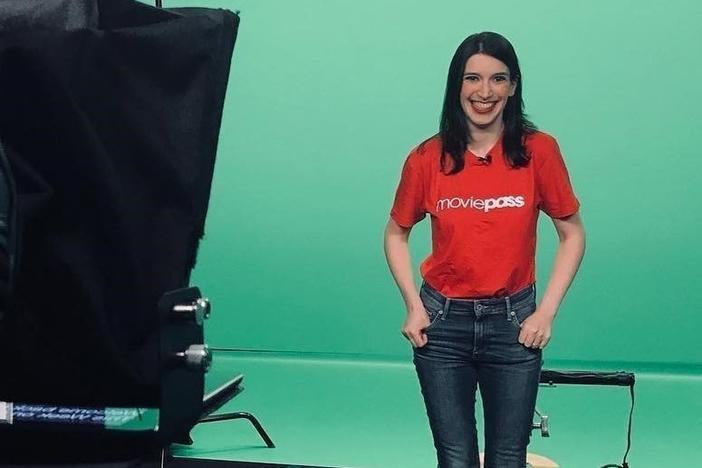Christina Warren wears a MoviePass T-shirt, a piece of her collection of swag from dead companies.