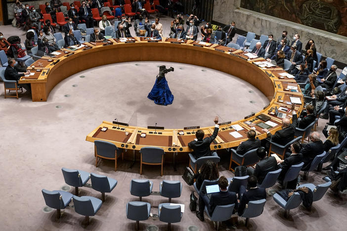 Representatives voting in favor of a resolution raise their hands during a U.N. Security Council meeting on the Russian invasion of the Ukraine, Friday Feb. 25, 2022 at U.N. headquarters. Two days into Russia's attack on Ukraine, a majority of U.N. Security Council members voted to demand that Moscow withdraw. But one thing stood in their way: a veto by Russia itself.