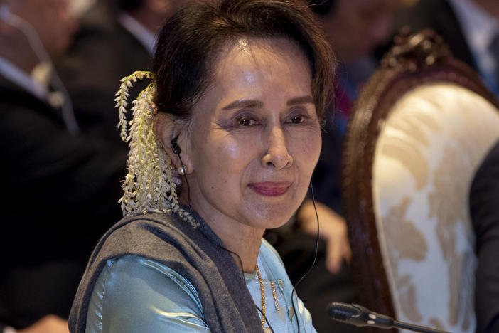 Myanmar leader Aung San Suu Kyi is shown on Nov. 4, 2019, when she participated in the ASEAN-Japan summit in Nonthaburi, Thailand.