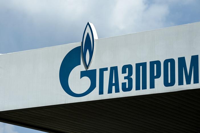 The logo of Russia's energy giant Gazprom is pictured at a gas station in Moscow.