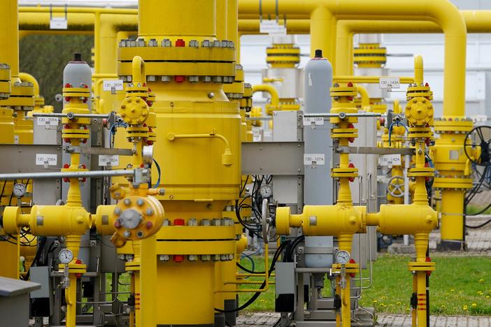 Pipes are seen at the gas transmission point in Rembelszczyzna near Warsaw, Poland, on Wednesday.