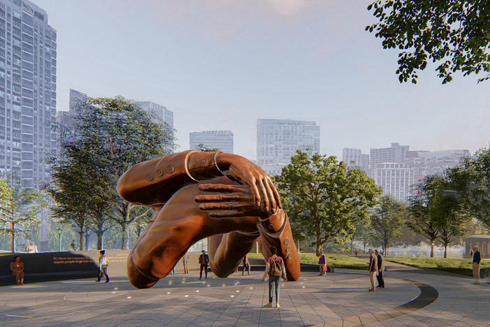 An artist's rendering of "The Embrace," a memorial to the Rev. Martin Luther King Jr. that will be unveiled in Boston in 2023.