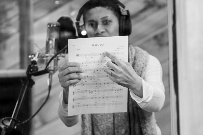 Jean Baylor pointing to the next song on the list, for the Baylor Project album "Generations", 2020, at Bunker Studio, Brooklyn, NY, 2018.