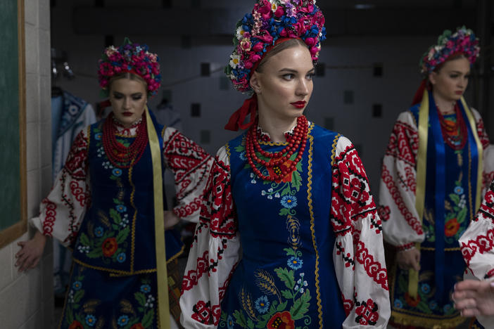 Dariya Medynska gathers with other members of the Voloshky Ukrainian dance ensemble before the International Spring Festival at North Penn High School in Lansdale, Pennsylvania.