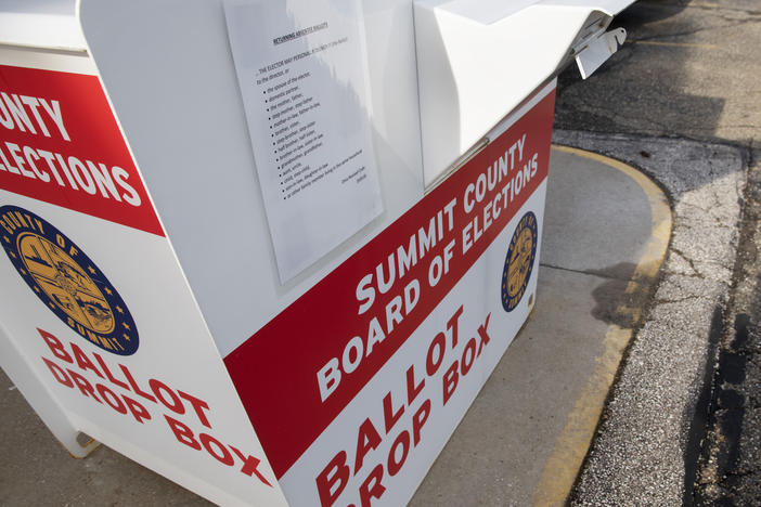 A ballot drop box is seen at the Summit County Board of Elections in Akron, Ohio, on April 5. Voters in Ohio and Indiana will select primary nominees Tuesday for a number of races, including Senate and House.